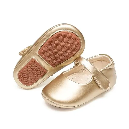 PHIRAMIN Baby Girls Mary Jane Flats - Infant Newborn Walking Shoes Soft Rubber Sole Princess Wedding - 1