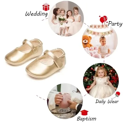 PHIRAMIN Baby Girls Mary Jane Flats - Infant Newborn Walking Shoes Soft Rubber Sole Princess Wedding - 4