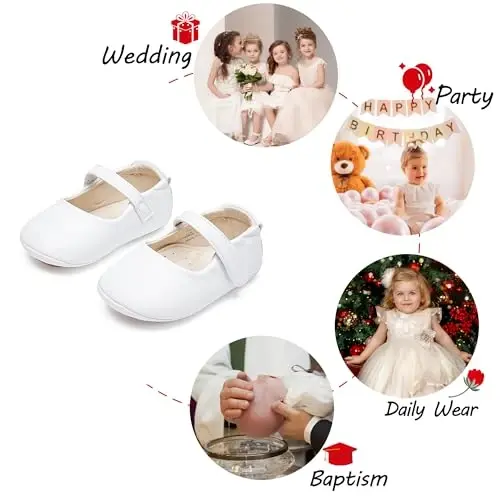 PHIRAMIN Baby Girls Mary Jane Flats - Infant Newborn Walking Shoes Soft Rubber Sole Princess Wedding - 4