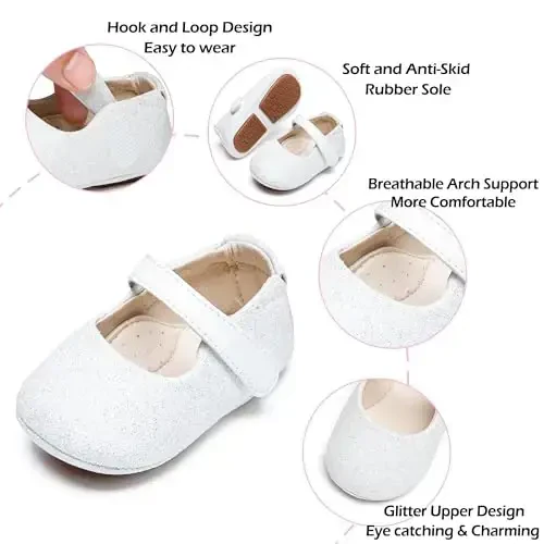 PHIRAMIN Baby Girls Mary Jane Flats - Infant Newborn Yuradigan Oyoq Kiyim Yumshoq Rezina Taglik Princess To'y - 4