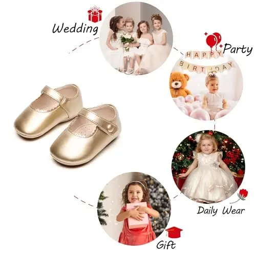 PHIRAMIN Baby Girls Mary Jane Flats - Infant Newborn Yuradigan Oyoq Kiyimlar Yumshoq Rezina Taglik Malika To'y - 4