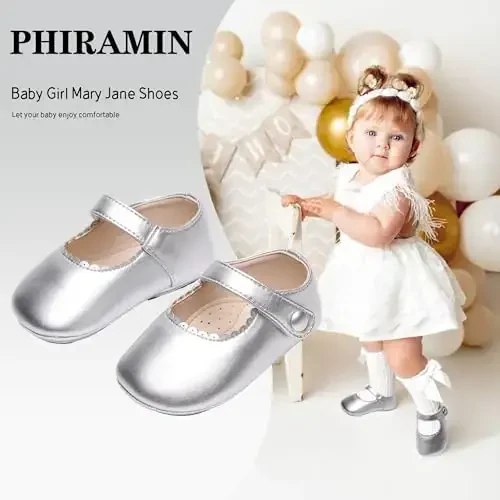 PHIRAMIN Baby Girls Mary Jane Flats - Infant Newborn Yuradigan Oyoq Kiyimlari Yumshoq Rezina Taglikli Malika To'y - 2