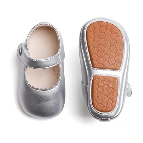 PHIRAMIN Baby Girls Mary Jane Flats - Infant Newborn Yuradigan Oyoq Kiyimlari Yumshoq Rezina Taglikli Malika To'y - 1