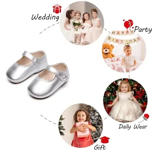 PHIRAMIN Baby Girls Mary Jane Flats - Infant Newborn Yuradigan Oyoq Kiyimlari Yumshoq Rezina Taglikli Malika To'y - 4