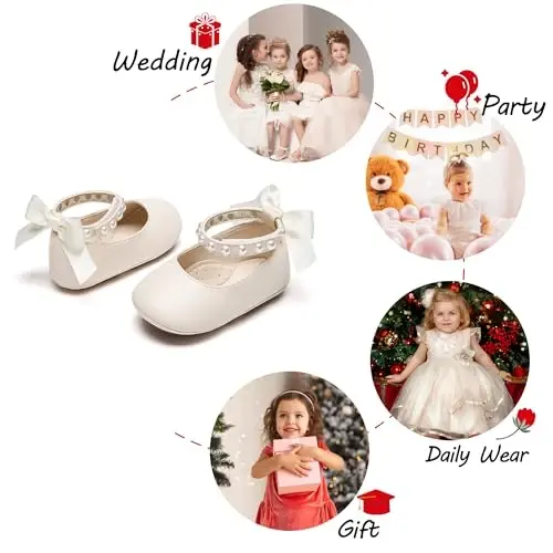 PHIRAMIN Baby Girls Mary Jane Flats - Infant Newborn Walking Shoes Soft Rubber Sole Princess Wedding - 4