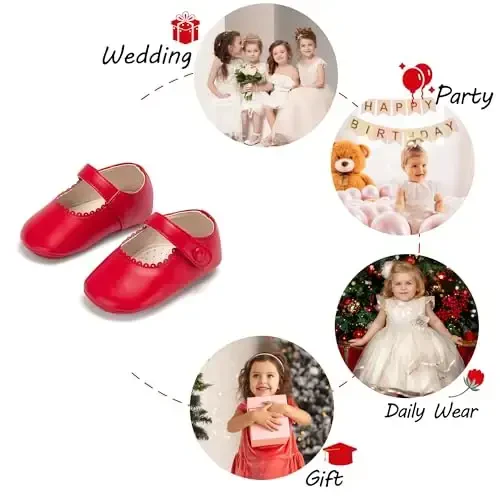 PHIRAMIN Baby Girls Mary Jane Flats - Infant Newborn Yuradigan Poyabzal Yumshoq Rezina Taglik Princess To'y - 4