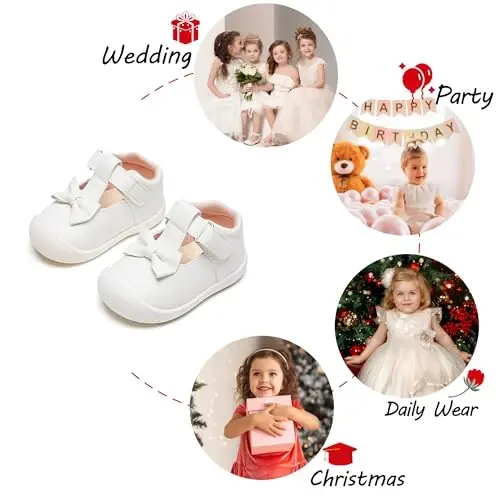 PHIRAMIN Baby Girls Mary Jane Flats - Infant Newborn Walking Shoes Soft Rubber Sole Princess Wedding - 11