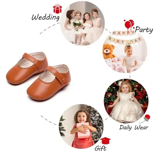 PHIRAMIN Baby Girls Mary Jane Flats - Infant Newborn Yuradigan Poyabzal Yumshoq Rezina Taglikli Malika To'yi - 4