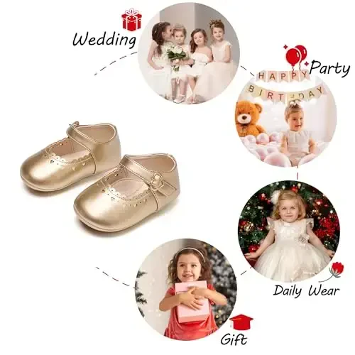 PHIRAMIN Baby Girls Mary Jane Flats - Infant Newborn Yurish poyafzallari Yumshoq rezina taglikli malika to'yi - 4