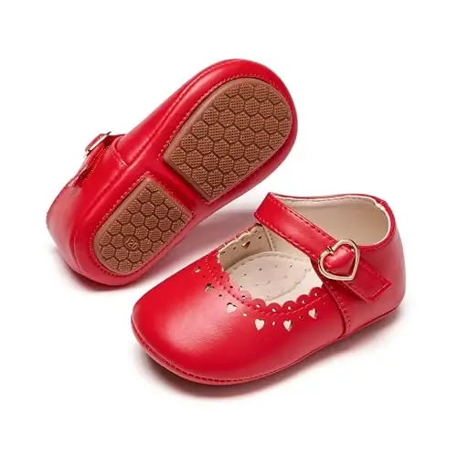 PHIRAMIN Baby Girls Mary Jane Flats - Infant Newborn Walking Shoes Soft Rubber Sole Princess Wedding - 1