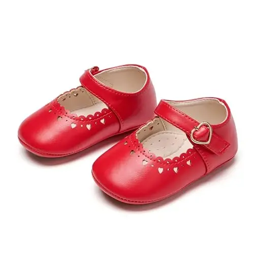 PHIRAMIN Baby Girls Mary Jane Flats - Infant Newborn Walking Shoes Soft Rubber Sole Princess Wedding - 6