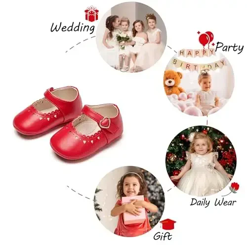 PHIRAMIN Baby Girls Mary Jane Flats - Infant Newborn Walking Shoes Soft Rubber Sole Princess Wedding - 4