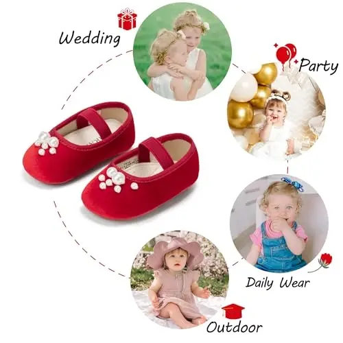 PHIRAMIN Baby Girls Mary Jane Flats - Infant Newborn Walking Shoes Soft Rubber Sole Princess Wedding - 4