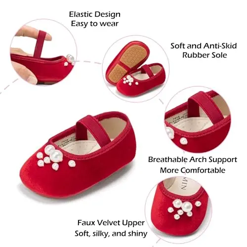 PHIRAMIN Baby Girls Mary Jane Flats - Infant Newborn Walking Shoes Soft Rubber Sole Princess Wedding - 5