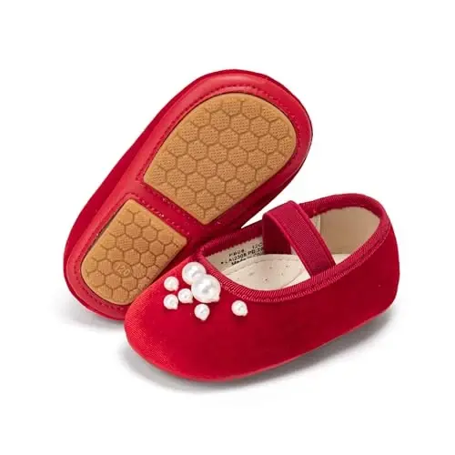 PHIRAMIN Baby Girls Mary Jane Flats - Infant Newborn Walking Shoes Soft Rubber Sole Princess Wedding - 1