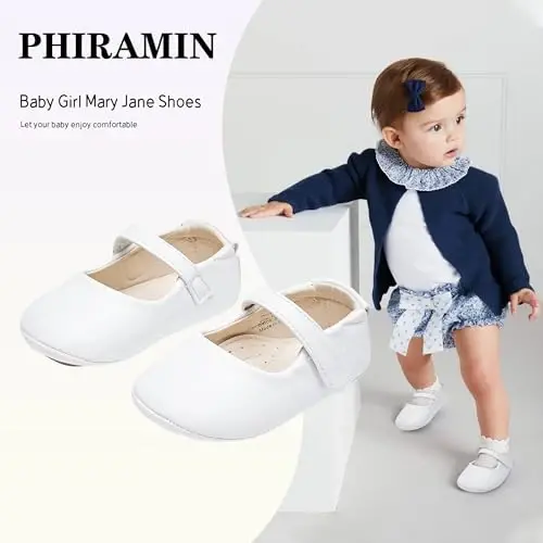 PHIRAMIN Baby Girls Mary Jane Flats - Infant Newborn Walking Shoes Soft Rubber Sole Princess Wedding - PHIRAMIN (1)