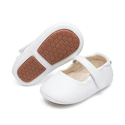 PHIRAMIN Baby Girls Mary Jane Flats - Infant Newborn Walking Shoes Soft Rubber Sole Princess Wedding - 1