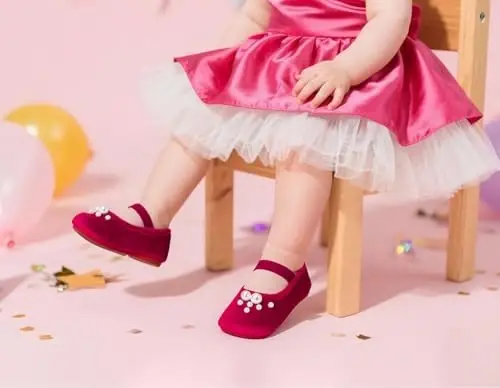 PHIRAMIN Baby Girls Mary Jane Flats - Infant Newborn Walking Shoes Soft Rubber Sole Princess Wedding - PHIRAMIN (1)