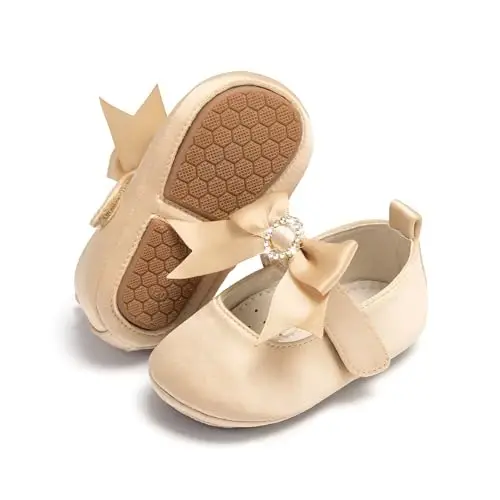 PHIRAMIN Baby Girls Mary Jane Flats - Infant Newborn Walking Shoes Soft Rubber Sole Princess Wedding - 1