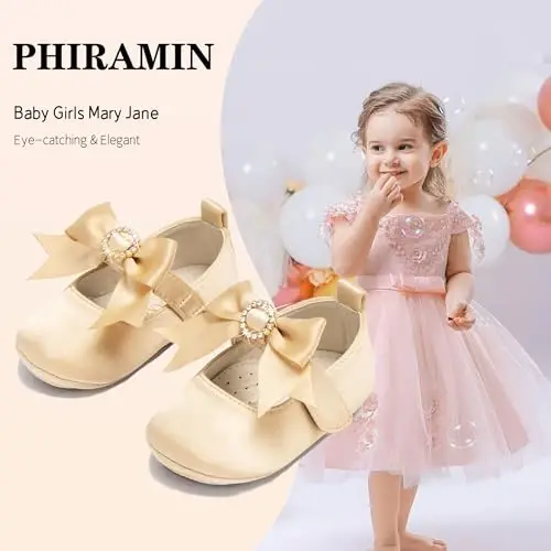 PHIRAMIN Baby Girls Mary Jane Flats - Infant Newborn Walking Shoes Soft Rubber Sole Princess Wedding - PHIRAMIN (1)