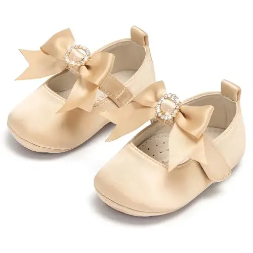 PHIRAMIN Baby Girls Mary Jane Flats - Infant Newborn Walking Shoes Soft Rubber Sole Princess Wedding - 3