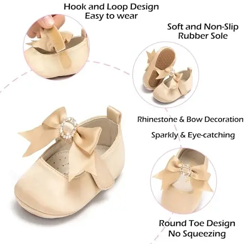 PHIRAMIN Baby Girls Mary Jane Flats - Infant Newborn Walking Shoes Soft Rubber Sole Princess Wedding - 5