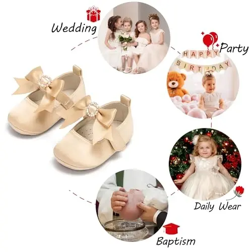 PHIRAMIN Baby Girls Mary Jane Flats - Infant Newborn Walking Shoes Soft Rubber Sole Princess Wedding - 4