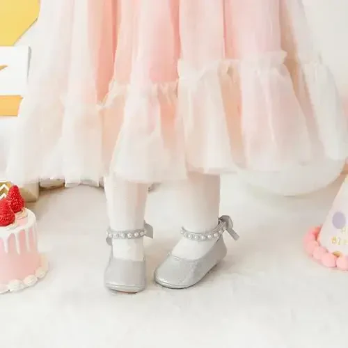 PHIRAMIN Baby Girls Mary Jane Flats - Infant Newborn Walking Shoes Soft Rubber Sole Princess Wedding - 3