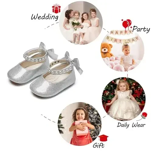 PHIRAMIN Baby Girls Mary Jane Flats - Infant Newborn Walking Shoes Soft Rubber Sole Princess Wedding - 4