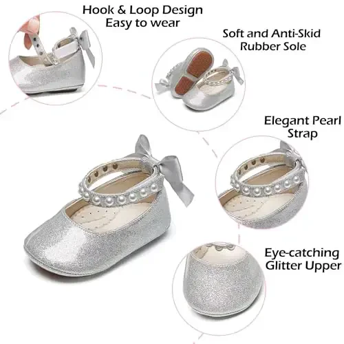 PHIRAMIN Baby Girls Mary Jane Flats - Infant Newborn Walking Shoes Soft Rubber Sole Princess Wedding - 5