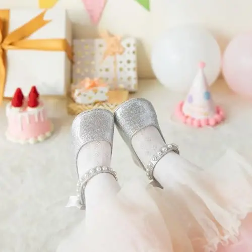 PHIRAMIN Baby Girls Mary Jane Flats - Infant Newborn Walking Shoes Soft Rubber Sole Princess Wedding - 2