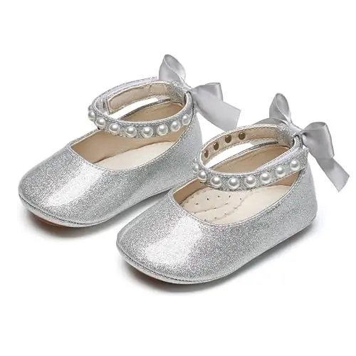 PHIRAMIN Baby Girls Mary Jane Flats - Infant Newborn Walking Shoes Soft Rubber Sole Princess Wedding - 6