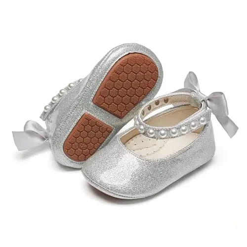 PHIRAMIN Baby Girls Mary Jane Flats - Infant Newborn Walking Shoes Soft Rubber Sole Princess Wedding - 1