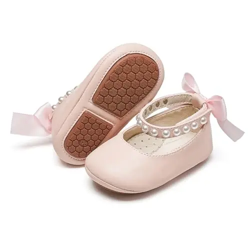 PHIRAMIN Baby Girls Mary Jane Flats - Infant Newborn Walking Shoes Soft Rubber Sole Princess Wedding - 1