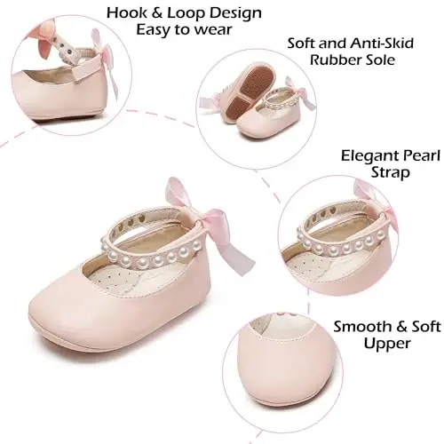 PHIRAMIN Baby Girls Mary Jane Flats - Infant Newborn Walking Shoes Soft Rubber Sole Princess Wedding - 5