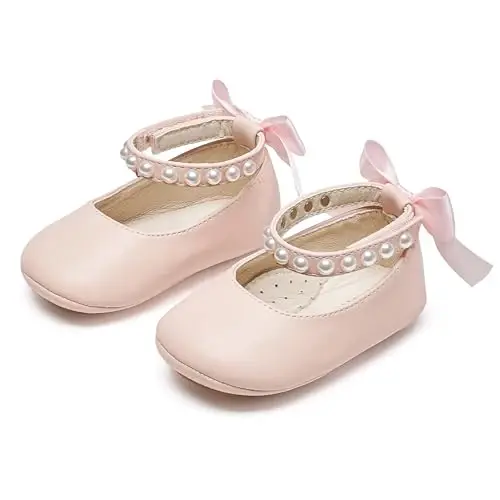 PHIRAMIN Baby Girls Mary Jane Flats - Infant Newborn Walking Shoes Soft Rubber Sole Princess Wedding - 6