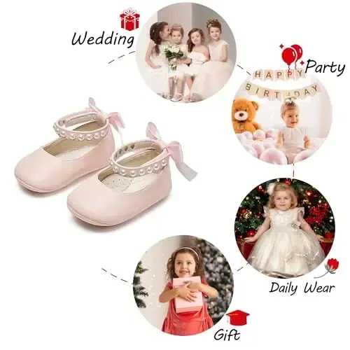 PHIRAMIN Baby Girls Mary Jane Flats - Infant Newborn Walking Shoes Soft Rubber Sole Princess Wedding - 4