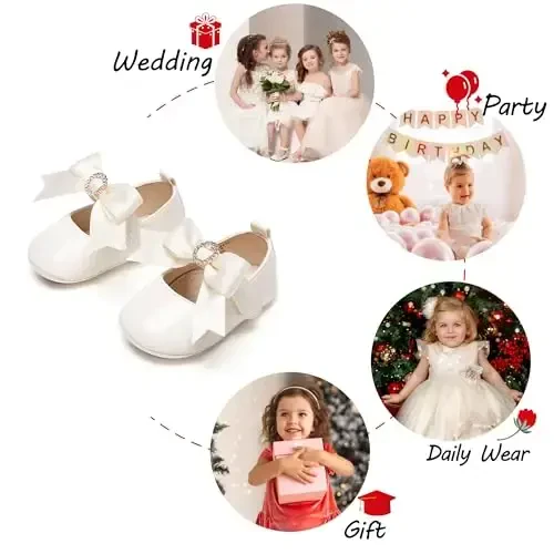 PHIRAMIN Baby Girls Mary Jane Flats - Infant Newborn Walking Shoes Soft Rubber Sole Princess Wedding - 4