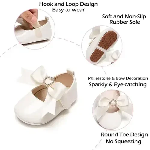 PHIRAMIN Baby Girls Mary Jane Flats - Infant Newborn Walking Shoes Soft Rubber Sole Princess Wedding - 5