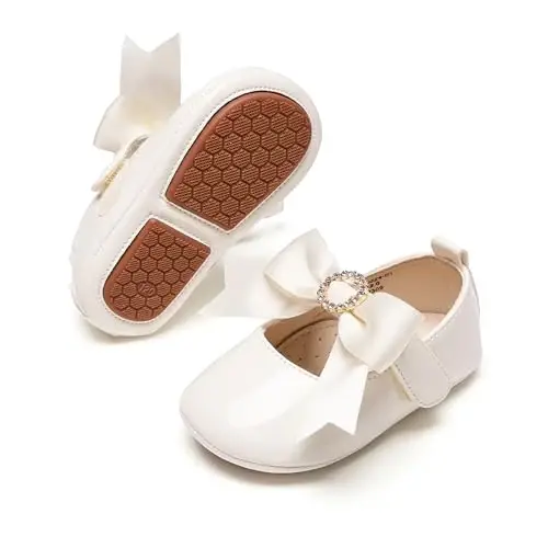 PHIRAMIN Baby Girls Mary Jane Flats - Infant Newborn Walking Shoes Soft Rubber Sole Princess Wedding - 1