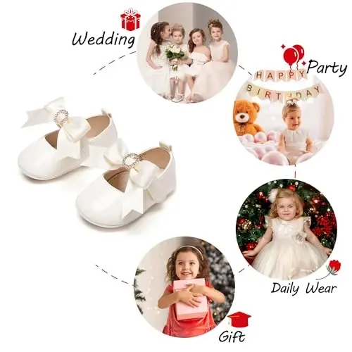 PHIRAMIN Baby Girls Mary Jane Flats - Infant Newborn Walking Shoes Soft Rubber Sole Princess Wedding - 4