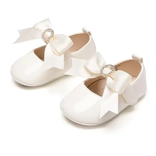 PHIRAMIN Baby Girls Mary Jane Flats - Infant Newborn Walking Shoes Soft Rubber Sole Princess Wedding - 6