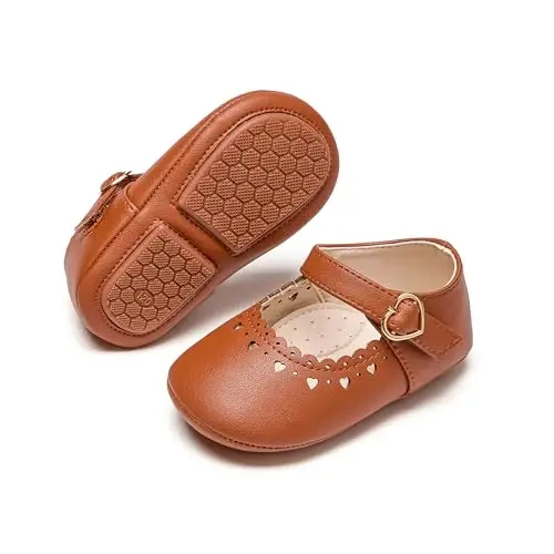 PHIRAMIN Baby Girls Mary Jane Flats - Infant Newborn Walking Shoes Soft Rubber Sole Princess Wedding - 1