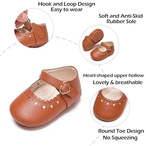 PHIRAMIN Baby Girls Mary Jane Flats - Infant Newborn Walking Shoes Soft Rubber Sole Princess Wedding - 5