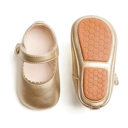 PHIRAMIN Baby Girls Mary Jane Flats - Infant Newborn Walking Shoes Soft Rubber Sole Princess Wedding - 1