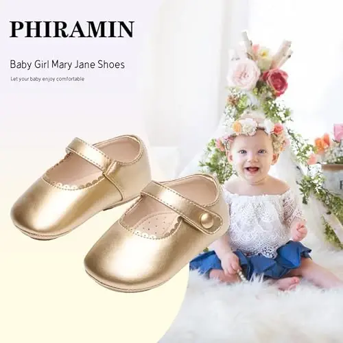 PHIRAMIN Baby Girls Mary Jane Flats - Infant Newborn Walking Shoes Soft Rubber Sole Princess Wedding - PHIRAMIN (1)