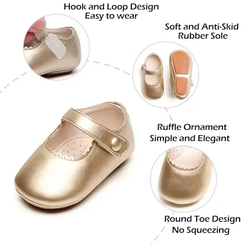 PHIRAMIN Baby Girls Mary Jane Flats - Infant Newborn Walking Shoes Soft Rubber Sole Princess Wedding - 5