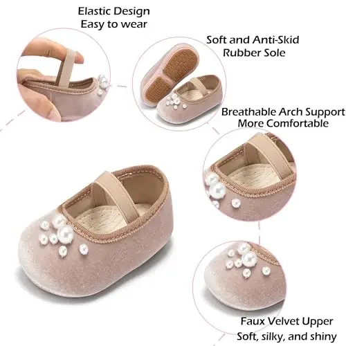 PHIRAMIN Baby Girls Mary Jane Flats - Infant Newborn Walking Shoes Soft Rubber Sole Princess Wedding - 5