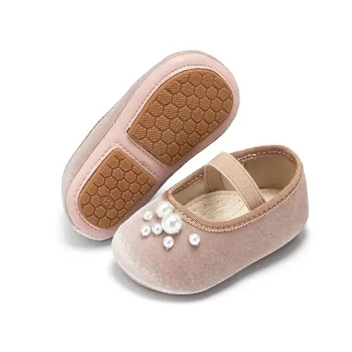 PHIRAMIN Baby Girls Mary Jane Flats - Infant Newborn Walking Shoes Soft Rubber Sole Princess Wedding - 1