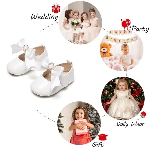 PHIRAMIN Baby Girls Mary Jane Flats - Infant Newborn Walking Shoes Soft Rubber Sole Princess Wedding - 4